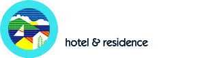 Logo hotel & residence con montagne, casetta e mare stilizzati in un cerchio azzurro