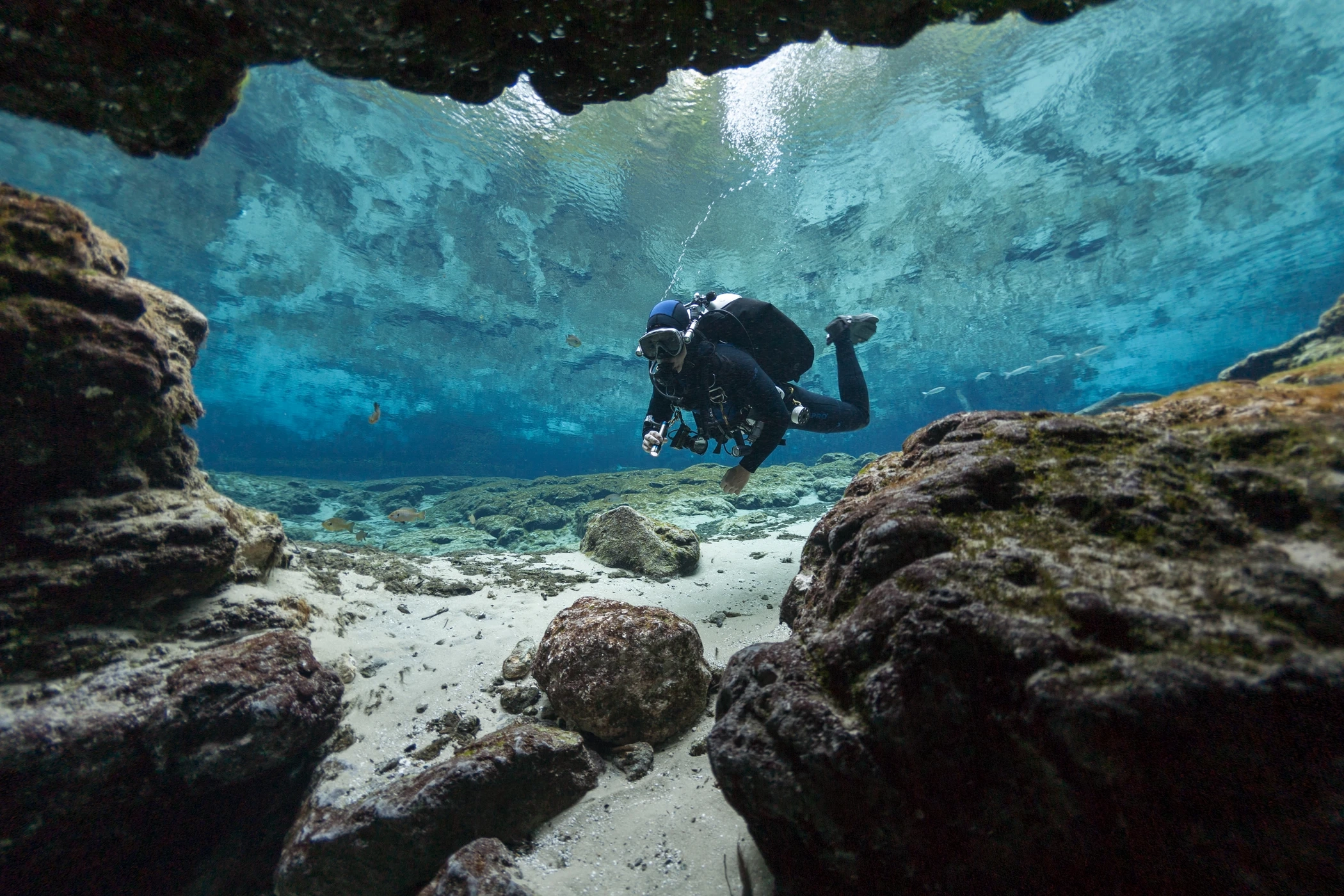 Sub esplora una grotta marina tra le rocce nelle acque cristalline dell'Isola d'Elba